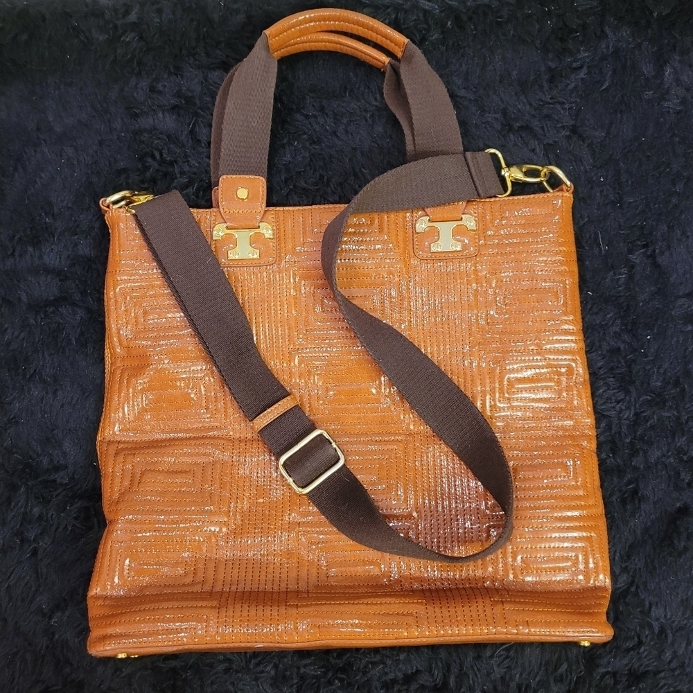 COGNAC PATENT LEATHER GEO STITCH LARGE CROSSBODY BAG